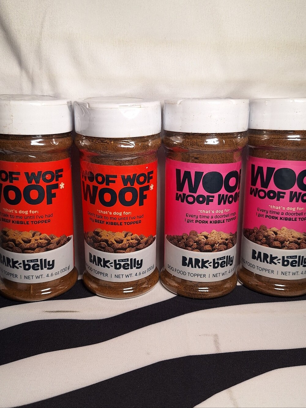 NWT Bark In The Belly Woof Dog Food Toppers, Pork & Beef, 4 pack (2 of each)